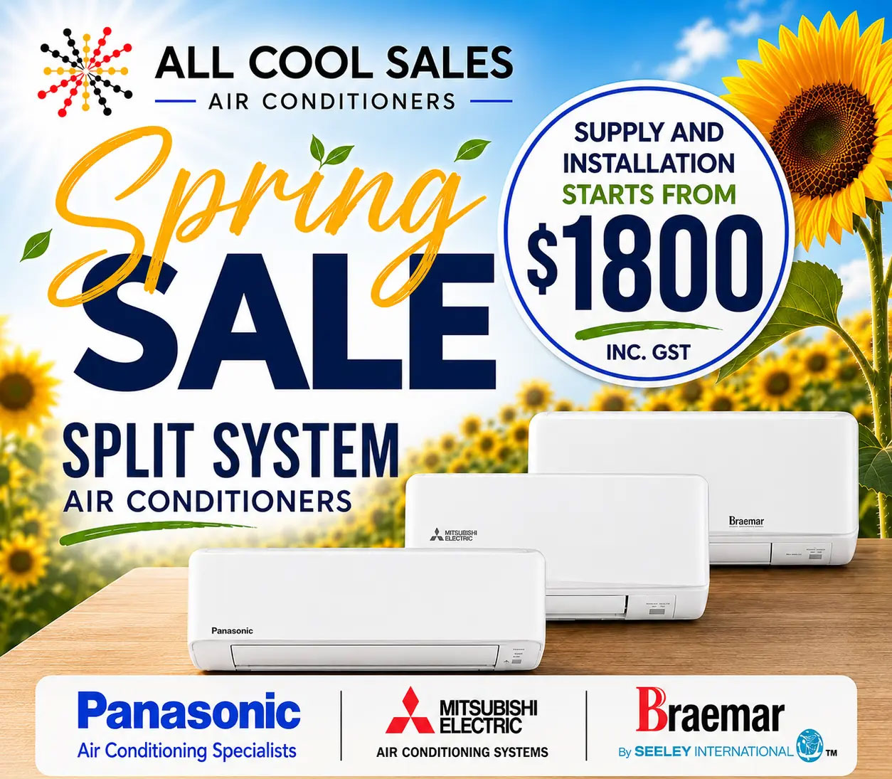 Spring Sale Split System Air Conditioners Braemar, Mitsubishi and Panasonic Air Conditioners at All Cool Sales, Brendale, Brisbane. 