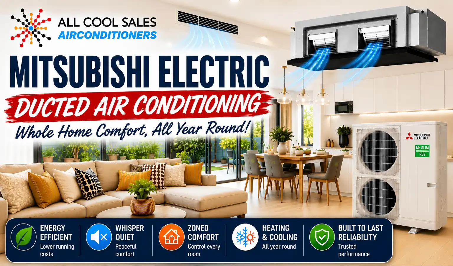 Mitsubishi Electric ducted air conditioning system professionally supplied and installed by All Cool Sales, Brisbane Northside